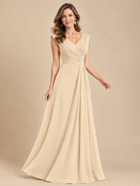 V Neck Pleated Mother of The Bride Dresses with Beading Cap Sleeves