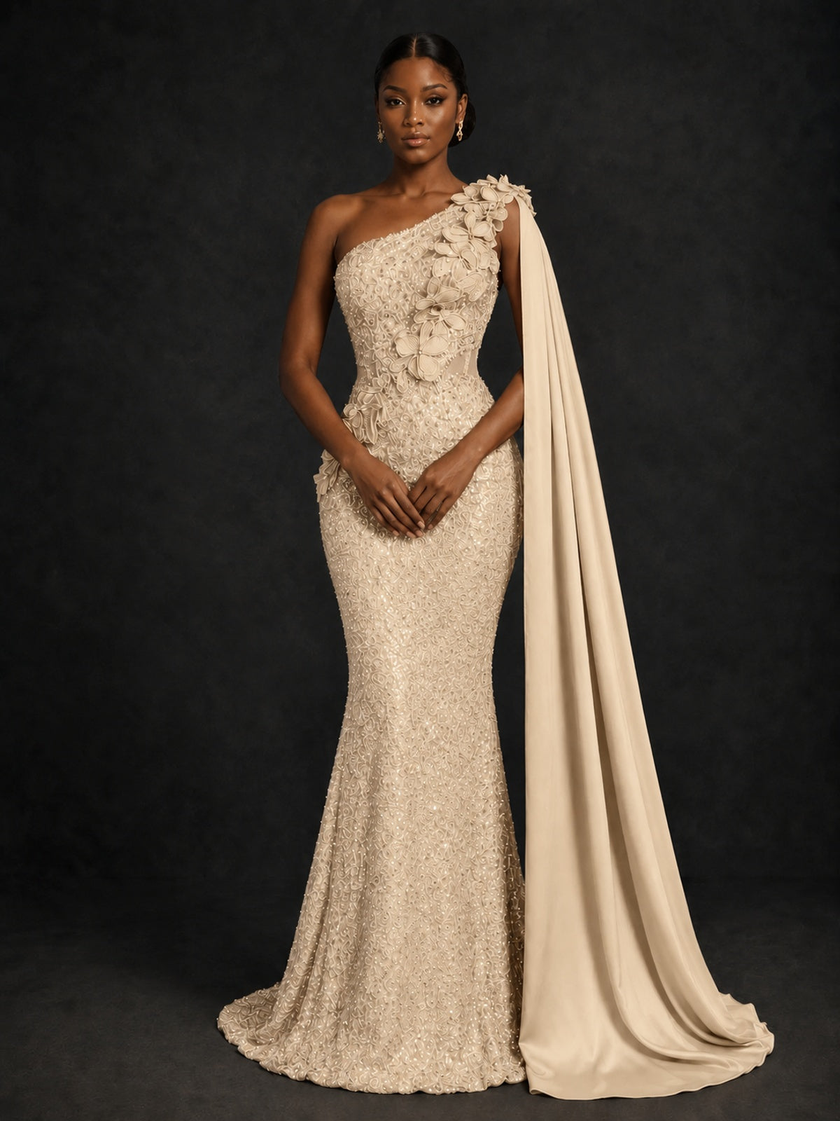 Gold Sequin One Shoulder Mermaid Prom Dress with Cape