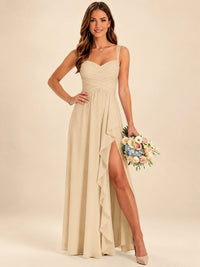 Spaghetti Straps Pleated Chiffon Bridesmaid Dress with Ruffle Slit