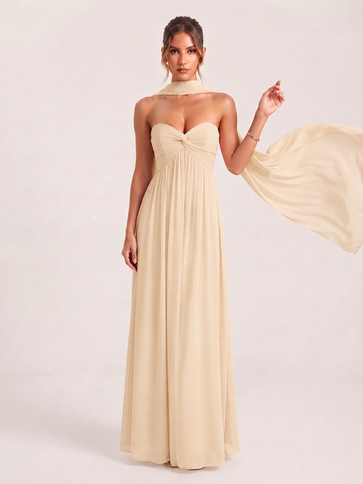 Strapless Ruched Chiffon Long Prom Dress with Scarf