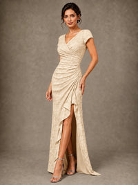 V-Neck Floral Jacquard Mother of the Bride Dress with Slit