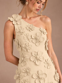 Sage Green One Shoulder Satin Formal Maxi Dress with 3D Floral
