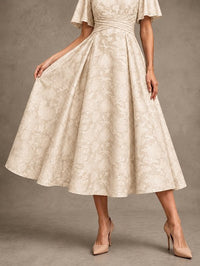 V-Neck Floral Jacquard Tea-Length Mother of the Bride Dress