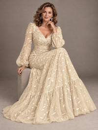 Floral Sequin Embroidered A-Line Mother of the Bride Dress with Long Sleeves