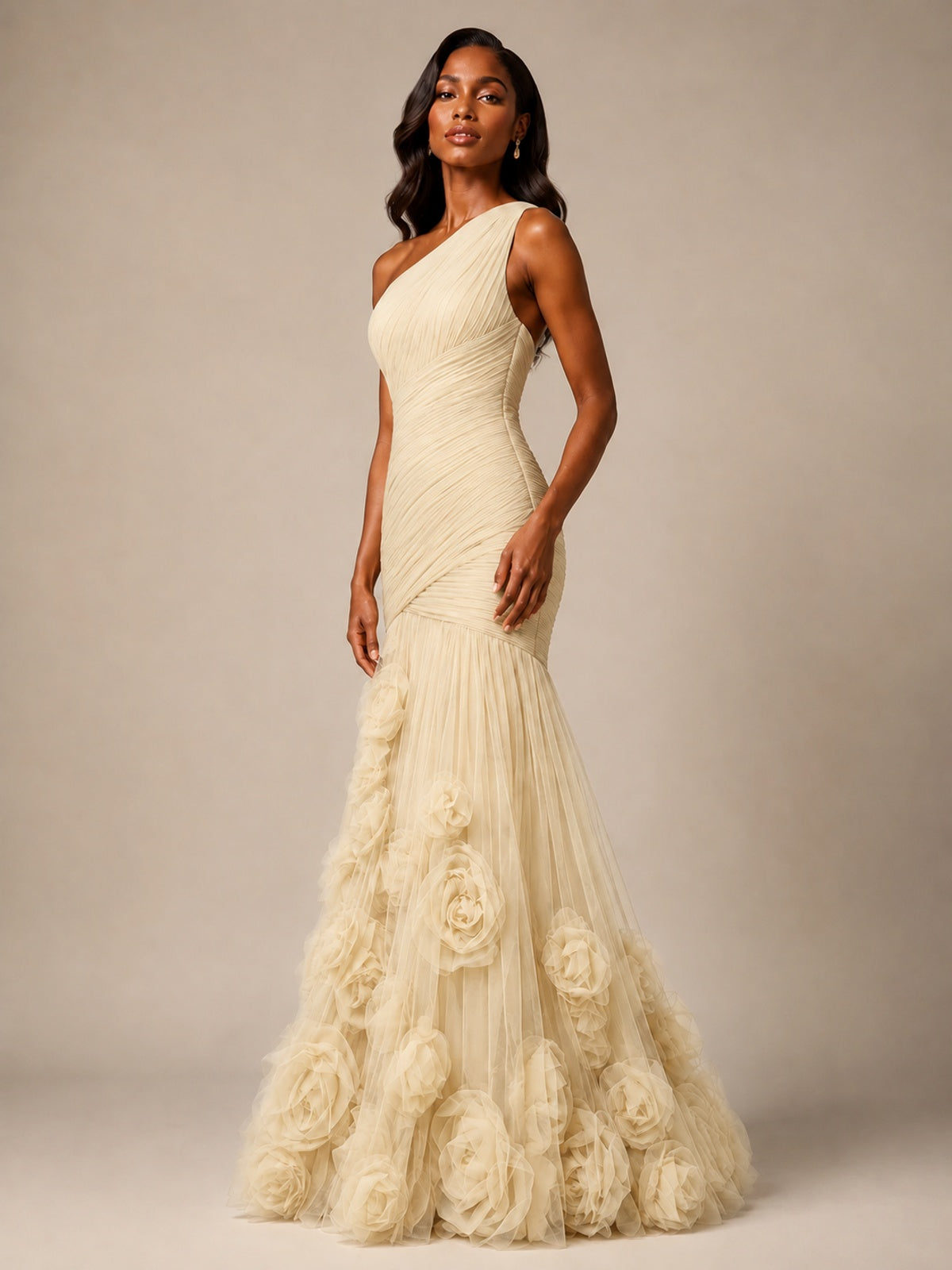 Blush Pink One Shoulder 3D Floral Mermaid Prom Dress