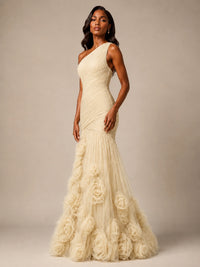 Blush Pink One Shoulder 3D Floral Mermaid Prom Dress