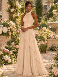 Wrap Pleated Prom Dress Halter A-line Chiffon Formal Wedding Dress
