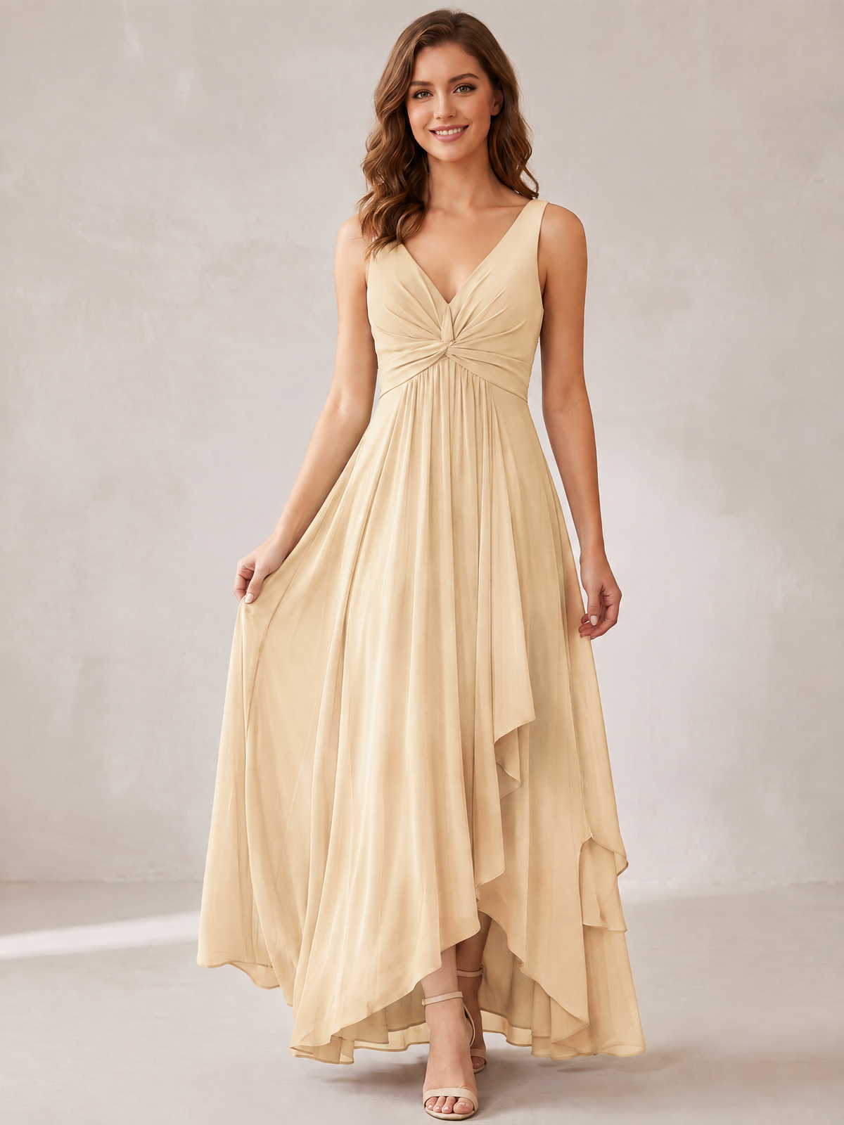 V-Neck High-Low Chiffon Bridesmaid Dress with Ruffles