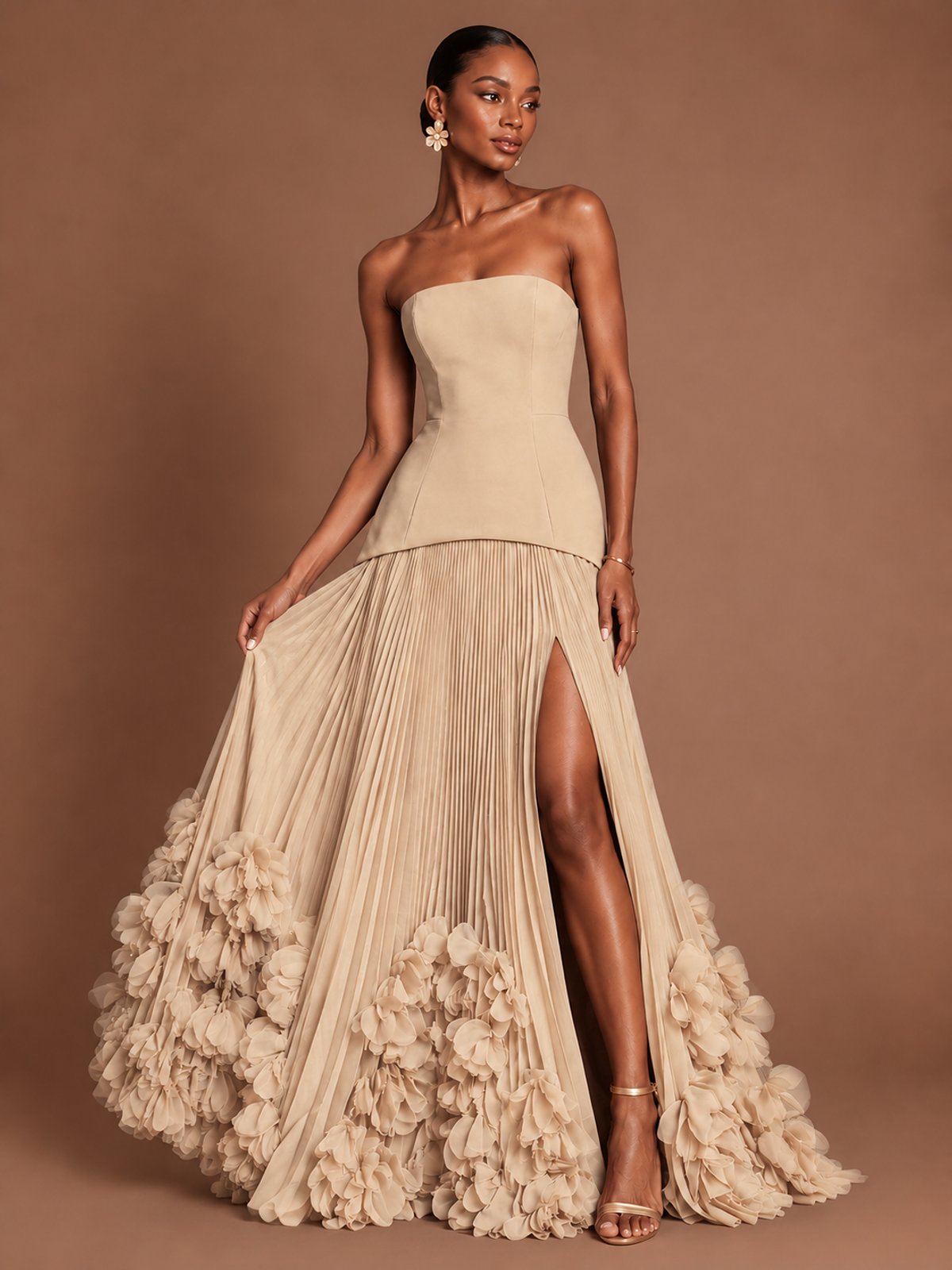 Strapless Pleated Floral Satin Formal Dress with Side Slit