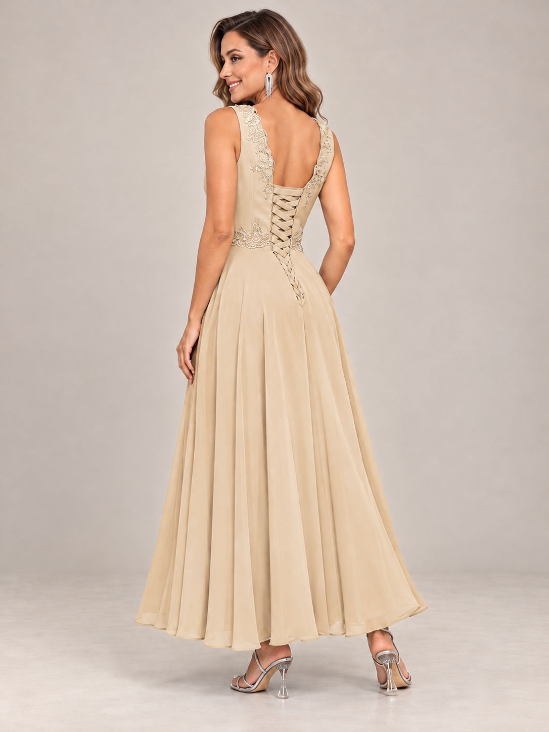 Dusty Blue Floral Lace Chiffon Mother of the Bride Dress with Jacket