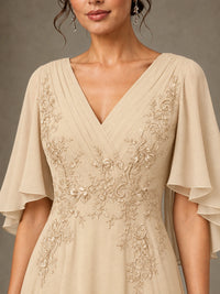 V-Neck Chiffon Lace Mother of the Bride Dress with Flutter Sleeves