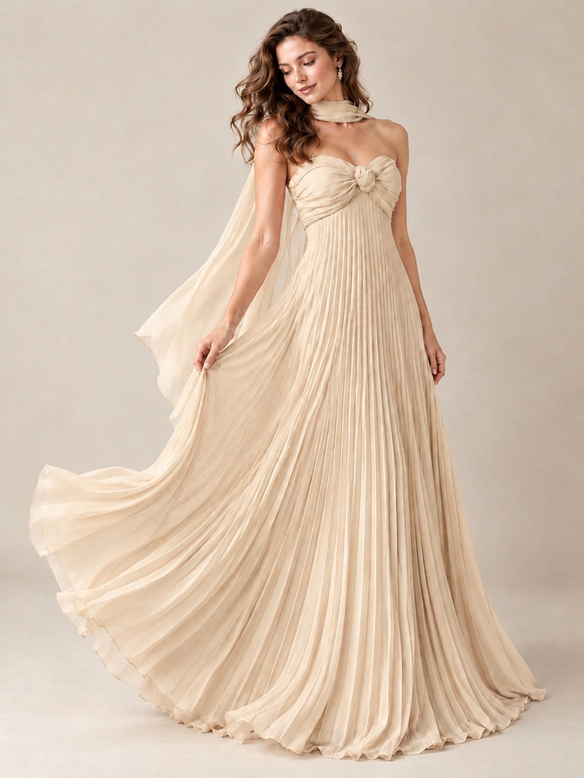 Sweetheart Neckline Pleated Prom Dress Strapless A-line Formal Dress with Flowy Scarf