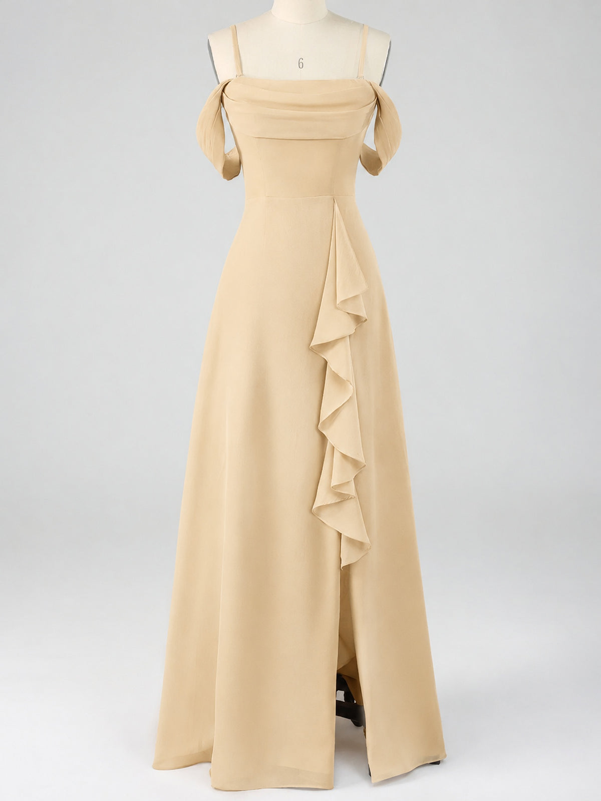 Spaghetti Strap Chiffon Bridesmaid Dress with Ruffles Slit