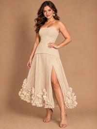 Navy Blue Strapless Pleated A-Line Midi Dress with 3D Floral Applique