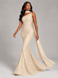 Pleated Chiffon Lace Prom Dresses Long Bodycon Mermaid with Scarf