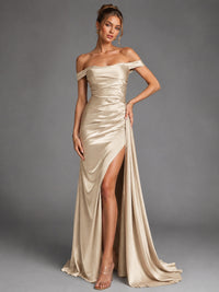 Off Shoulder Satin Maxi Dress with Slit