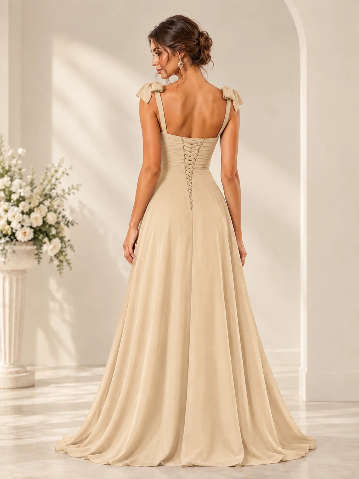 Ruffle Slit Chiffon A Line Scoop Neck Bridesmaid Dresses with Pockets