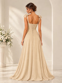 Ruffle Slit Chiffon A Line Scoop Neck Bridesmaid Dresses with Pockets