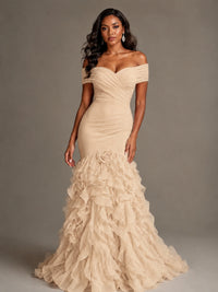Pink Off-the-Shoulder Mermaid Prom Dress with Ruffles 3D Flowers