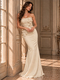 White Strapless Mermaid Maxi Dress with 3D Floral Appliques