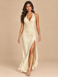 Halter V-Neck Sequin Mermaid Prom Dress with High Slit