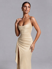 Square Neck Satin Long Prom Dress with Ruffles