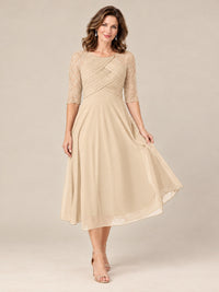 Tea-Length Mother of the Bride Dress with Lace 3/4 Sleeves