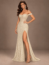 Off the Shoulder Corset Sequin Mermaid Prom Dress with Slit