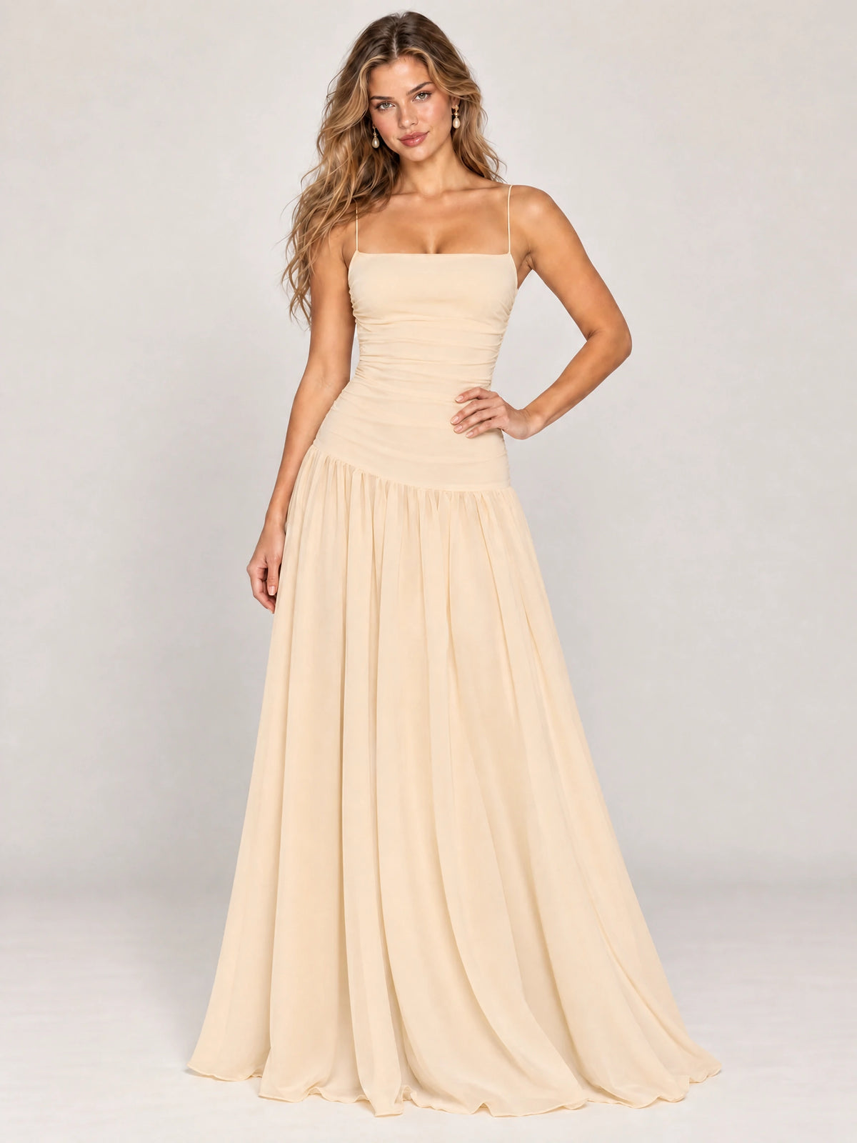 Butter Yellow Ruched Spaghetti Strap Drop-Waist Prom Dress