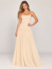 Butter Yellow Ruched Spaghetti Strap Drop-Waist Prom Dress