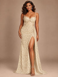 Burgundy Sequin Corset Prom Dress with High Slit