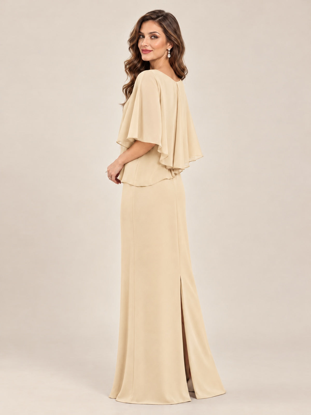 Cape Sleeve Mother of the Bride Dress with Asymmetrical Overlay