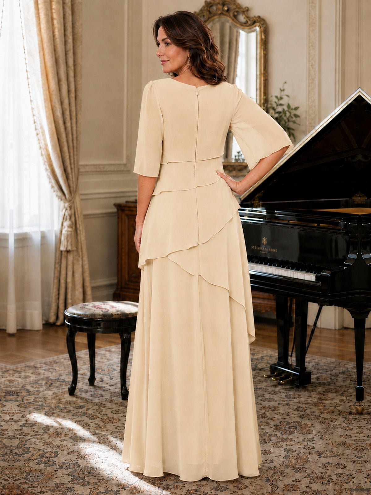 Asymmetric Draped Chiffon Mother of the Bride Dress with Flutter Sleeves