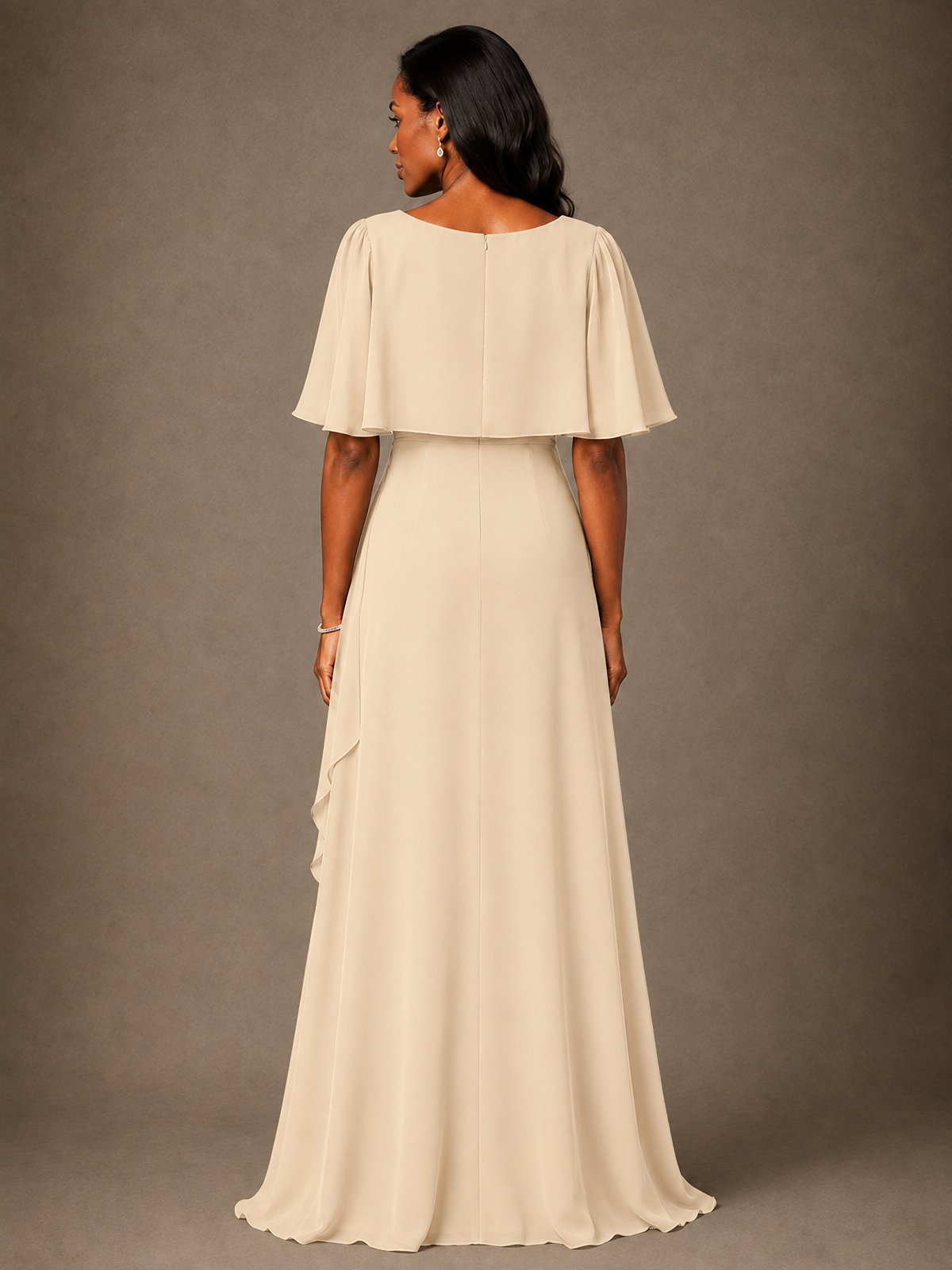 Taupe Chiffon A-Line Mother of the Bride Dress with Cape Sleeves