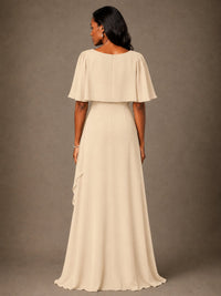 Taupe Chiffon A-Line Mother of the Bride Dress with Cape Sleeves