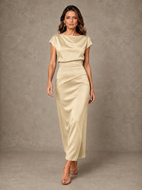 Cowl Neck Satin Mother of the Bride Dress with Ruched Waist