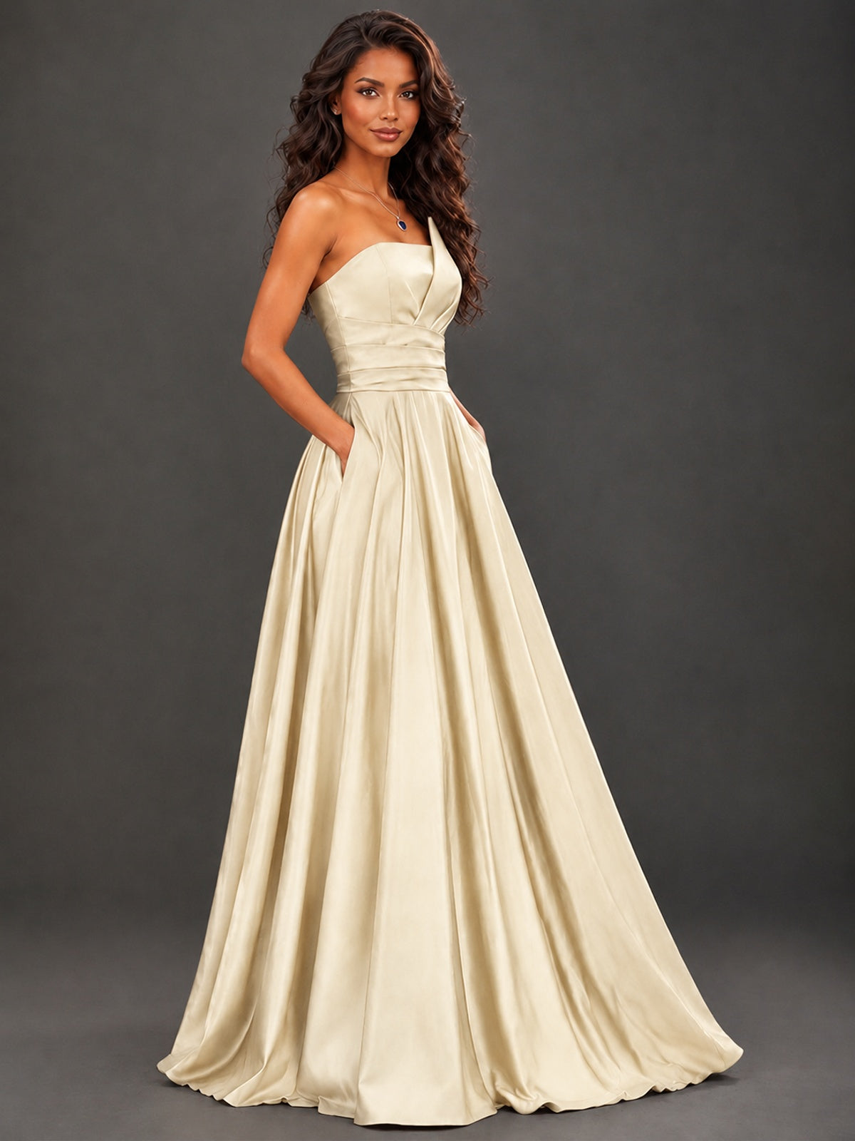 Draped Satin Prom Dress Strapless A-line Formal Dress Floor Length