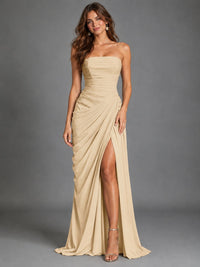 Strapless Bodycon Pleated Chiffon Formal Dress with Slit