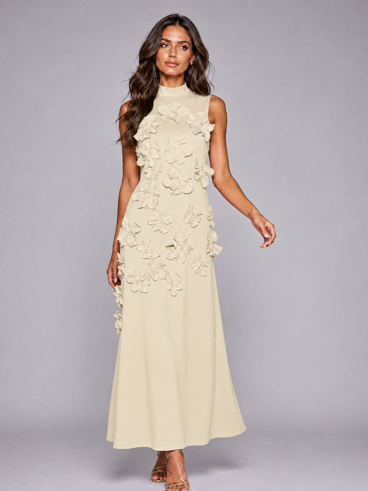 3D Floral Applique High Neck Prom Maxi Dress