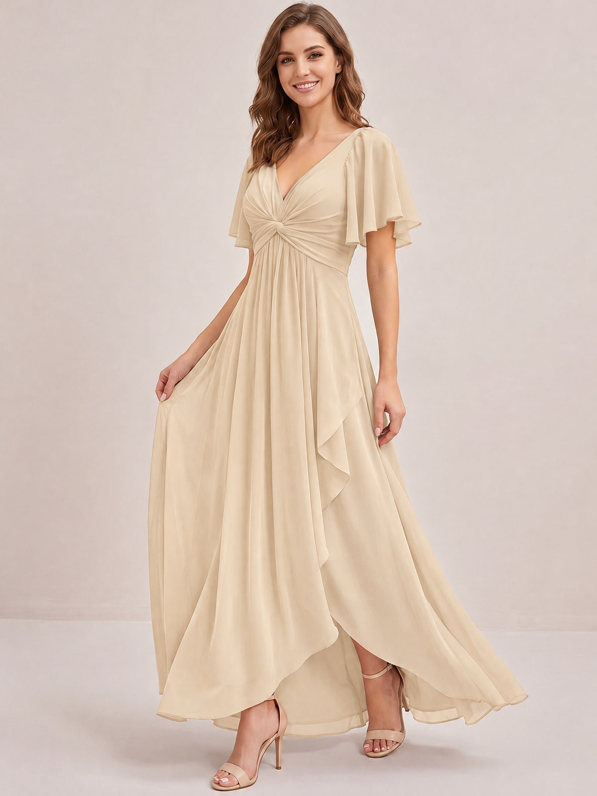 Dusty Blue Chiffon Bridesmaid Dress with Flutter Sleeves & High-Low Hem