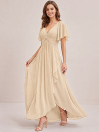 Dusty Blue Chiffon Bridesmaid Dress with Flutter Sleeves & High-Low Hem