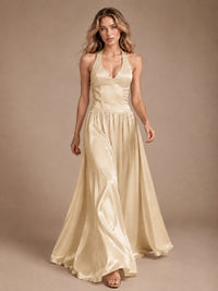 Pink V Neck Halter Satin Maxi Dress