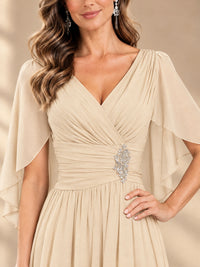 Ruched V Neck Mother of The Bride Dresses with Shawls Appliques and Cap Sleeves
