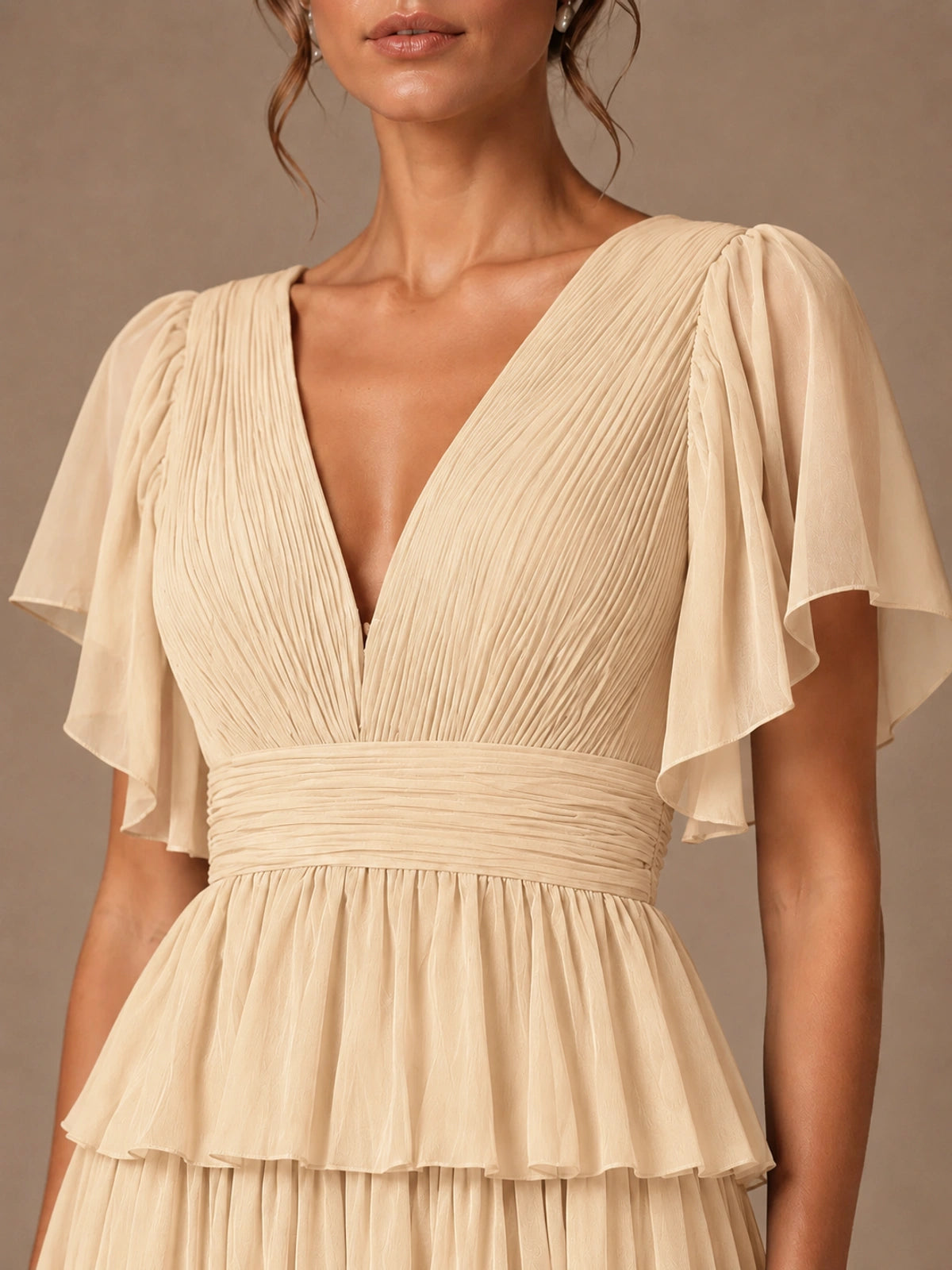 Chiffon V-Neck Tiered Ruffle Bridesmaid Dress with Slit
