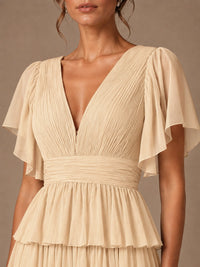 Chiffon V-Neck Tiered Ruffle Bridesmaid Dress with Slit