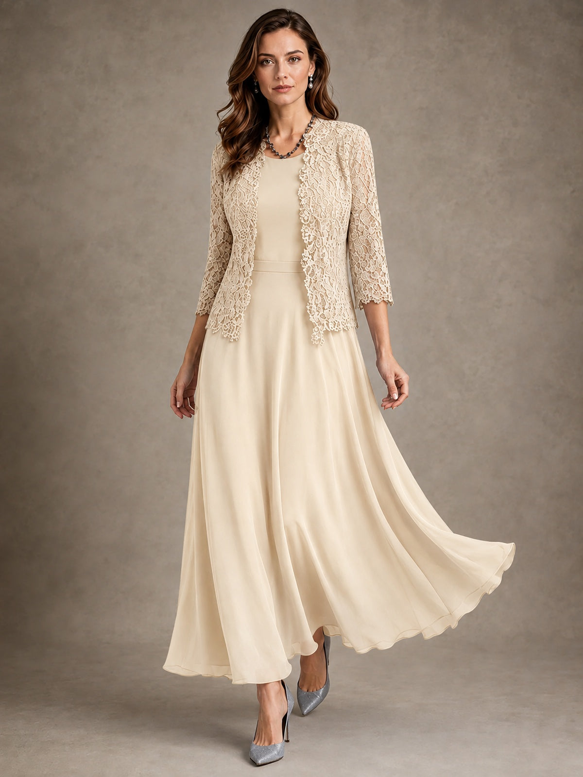 2-Piece Chiffon Mother of the Bride Dress with Lace Jacket