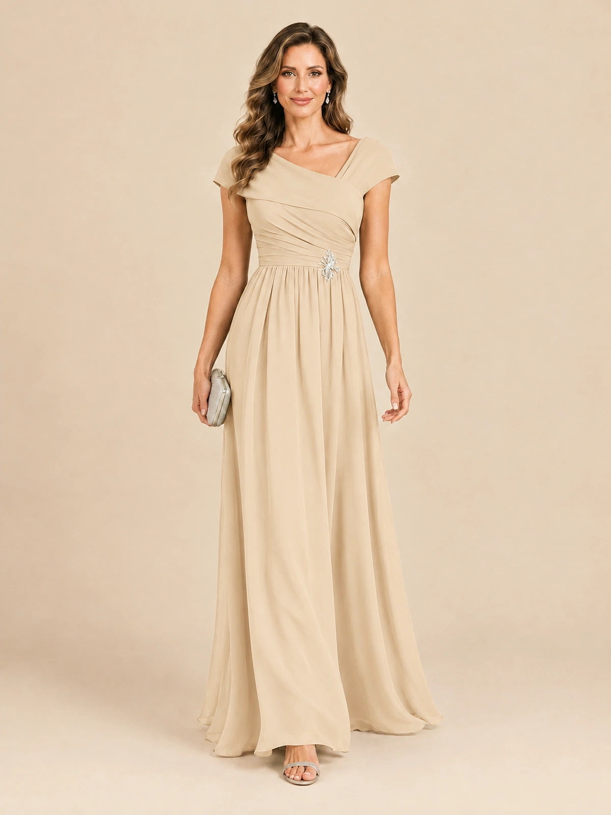 Cap Sleeve Mother of The Bride Dresses Long Chiffon Formal Gowns