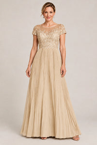 Embroidered Lace Pleated Mother of the Bride Dress