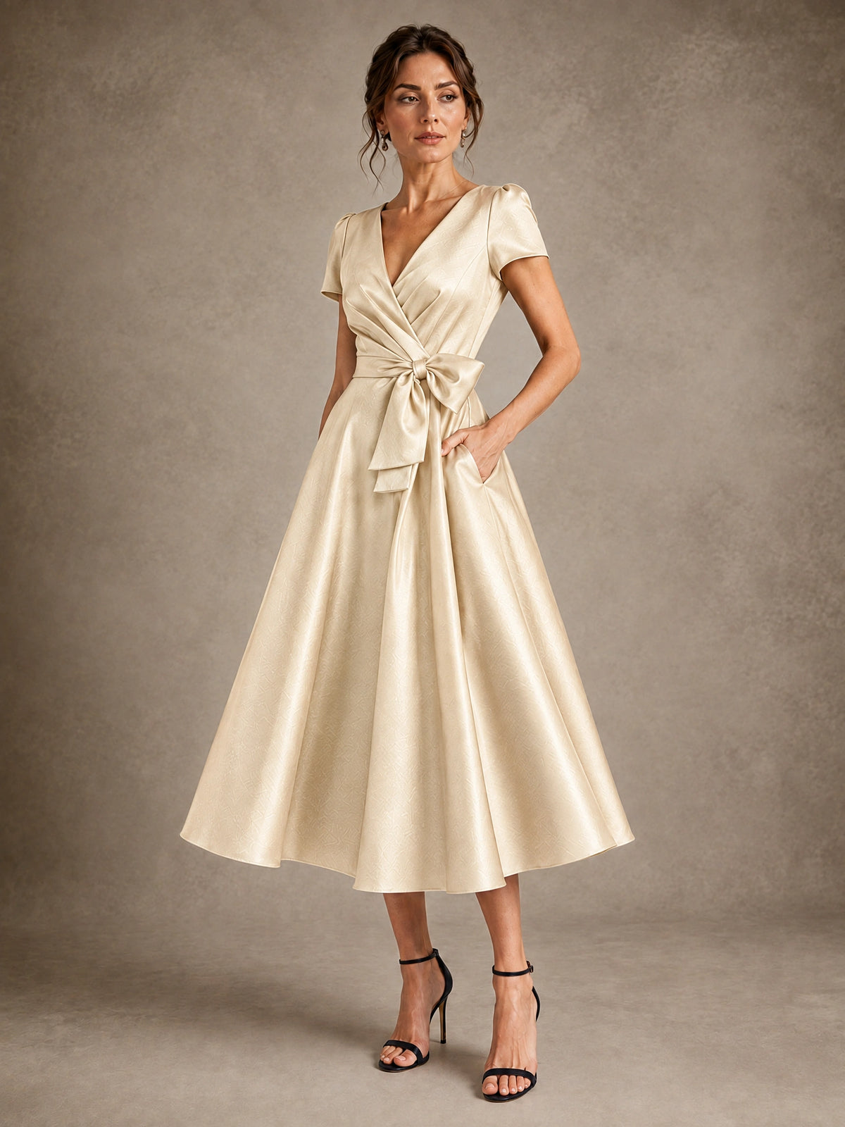 V-Neck Tea-Length Satin Mother of the Bride Dress with Bow
