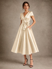 V-Neck Tea-Length Satin Mother of the Bride Dress with Bow